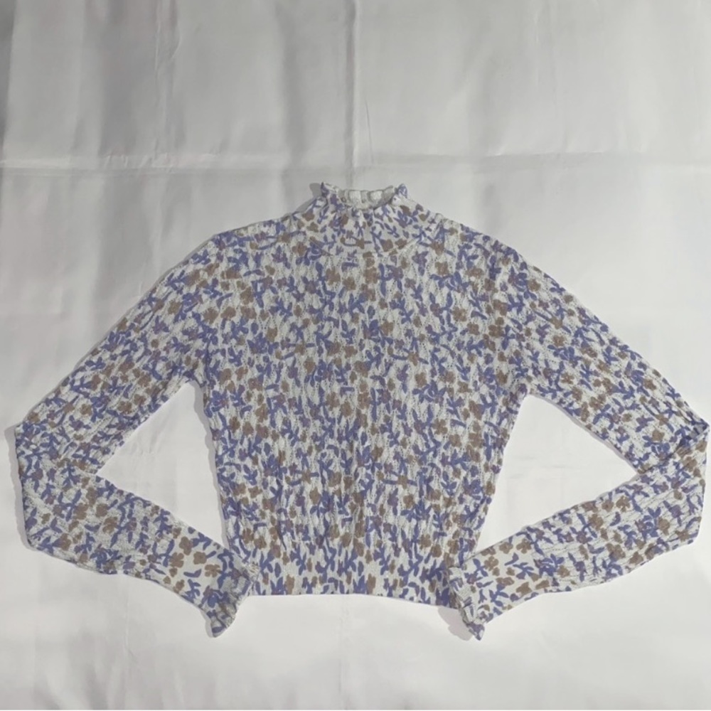 Zara Long Sleeve White & Purple Floral Print Shimmery See-Thru Turtleneck Blouse